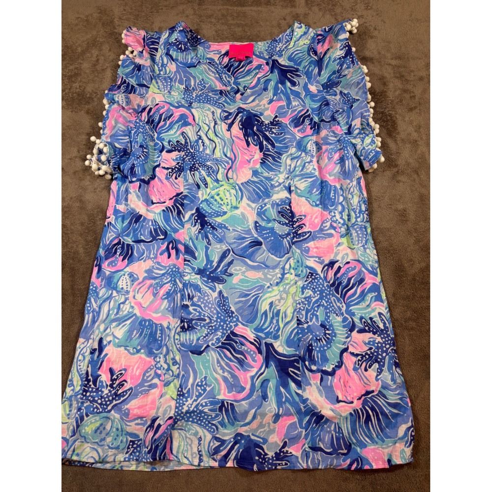 Lilly Pulitzer Astara Saltwater Blue Shade Seekers Linen Dress Pink Pom Pom Lg